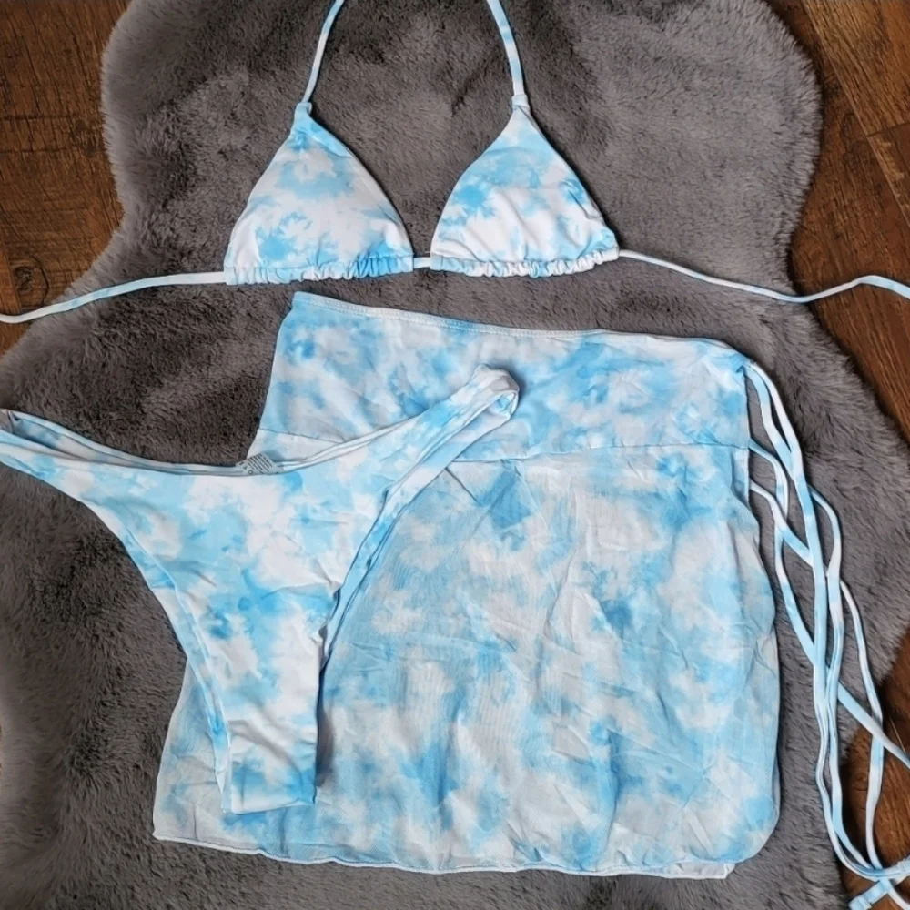 Triangle Tie Dye 3 Piece Bikini Set with Skirt Swimsuit
